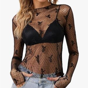 Dolls Kill Nivyee Black Sheer Bow Print Lace Layering Top size 2XL